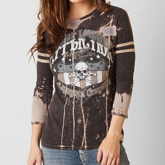 Affliction American Custom On the Road Shirt Top Women Medium Black Distressed T - Picture 1 of 12